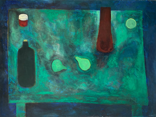 Green Table with Pears and Bottles